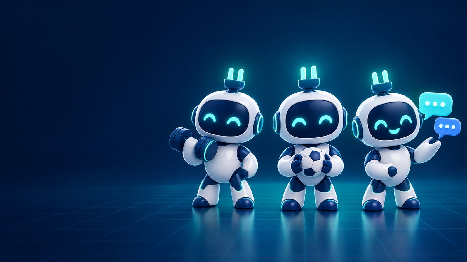 Three friendly robot mascots with teal plug antennas